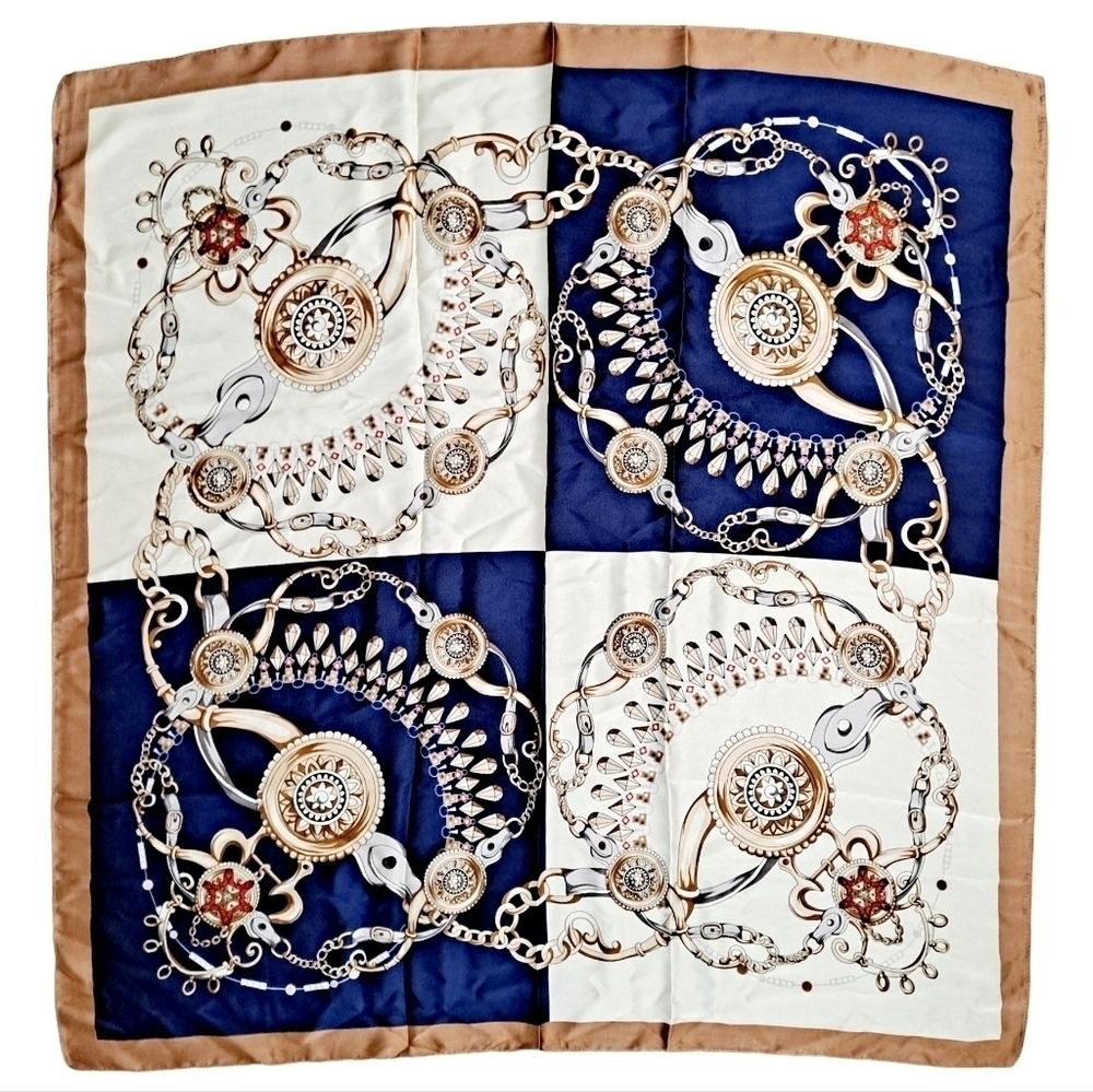 Oversized Satin Square Scarf Navy Blue white Chain Print Hair Scarf Old Money 💖